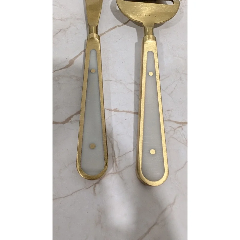 Anthropologie Gold Cheese Serving Set Spreader and Slicer White Inlay Handles